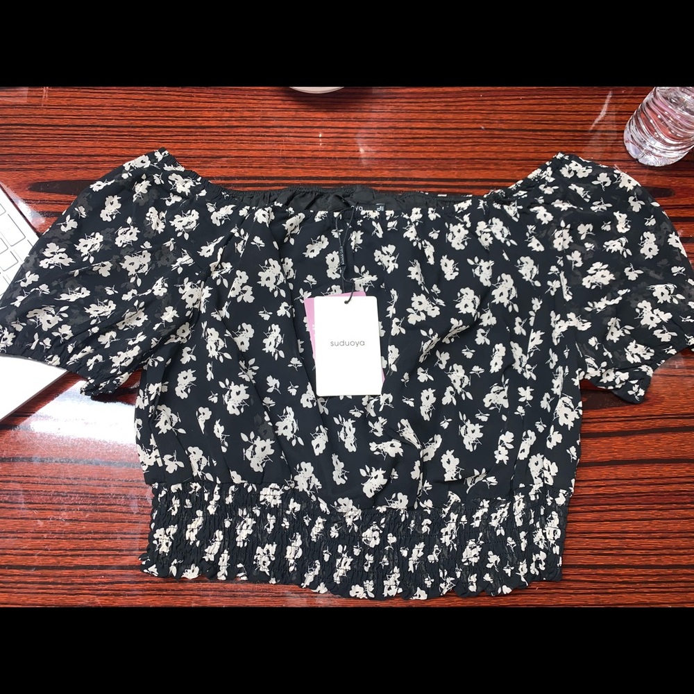 black chiffon floral off the shoulder top